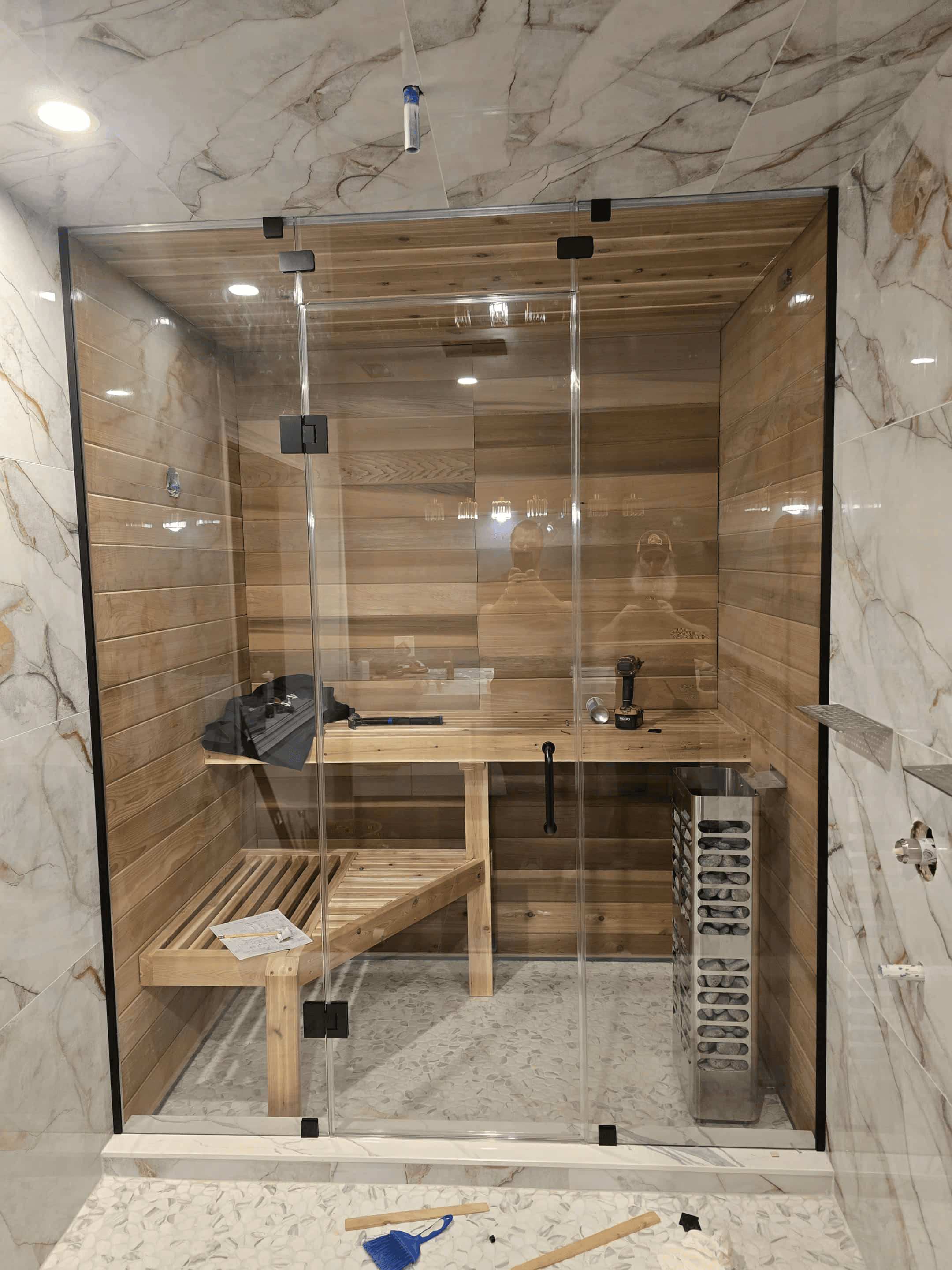 Sauna with glass doors